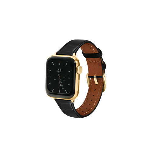 Gold Apple Watch Black Italian Leather Bracelet Black Leather Apple Watch Band: Rose Gold Accent Bracelet - Etsy main image 2